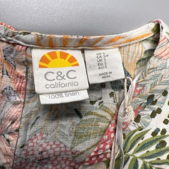 C and C California Dress Womens M Floral Ruffle Cap Sleeve V Neck Linen Boho NWT - Picture 5 of 7